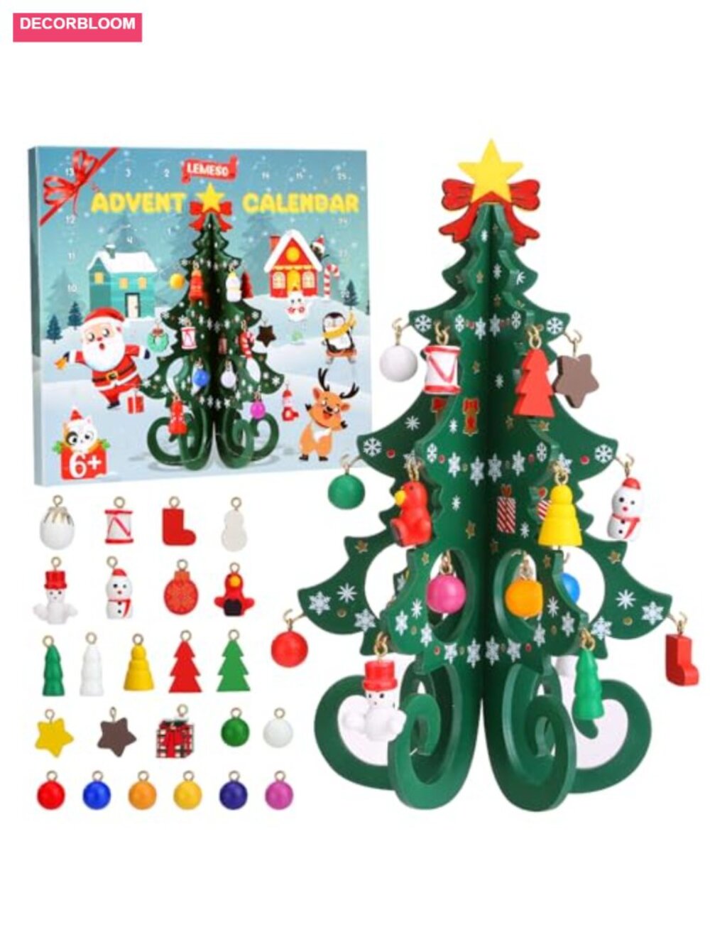 Wooden Tabletop Christmas Tree Advent Calendar with 24 Hanging Ornaments